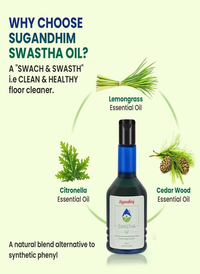 Sugandhim Swastha Oil Floor Cleaner, 1 x 100ml, 100% Natural Disinfectant & Mosquito Repellent, Cedar-wood Citronella & Lemongrass Unique Essential Oils Blend - Image 2