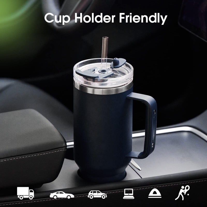 COKTIK 40 oz Tumbler With Handle and Straw Lid  Vacuum Insulated Travel Coffee Mug Stainless Steel Insulated Cup for Beverages  Leak-proof  Cupholder Friendly(Navy) - Image 5