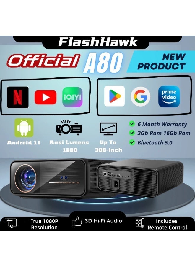 4K Portable Projector 1000 ANSI Lumens Native 1080P FHD Smart Android OS Built-in Apps Auto Focus WiFi Bluetooth 300 Inch Display Indoor Outdoor Home Theater Office Use - Image 1