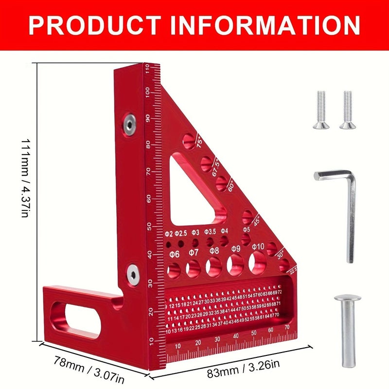 Red Multifunctional Woodworking Ruler Angle Measuring Scribing Locator with Drilling Tool - Image 2