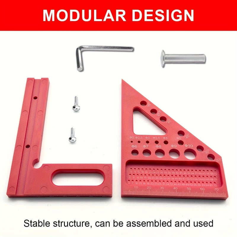 Red Multifunctional Woodworking Ruler Angle Measuring Scribing Locator with Drilling Tool - Image 5