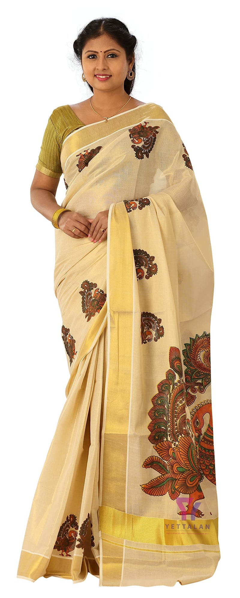 YETTALAN® Women’s Mural Printed Kerala Gold Tissue Saree with Running Blouse (Peacock) - Image 1