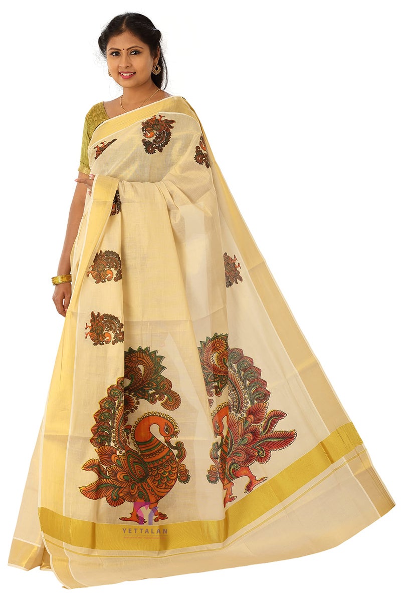 YETTALAN® Women’s Mural Printed Kerala Gold Tissue Saree with Running Blouse (Peacock) - Image 4
