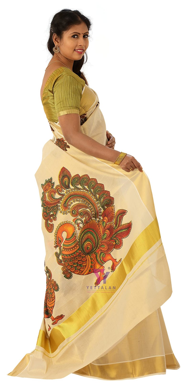 YETTALAN® Women’s Mural Printed Kerala Gold Tissue Saree with Running Blouse (Peacock) - Image 3
