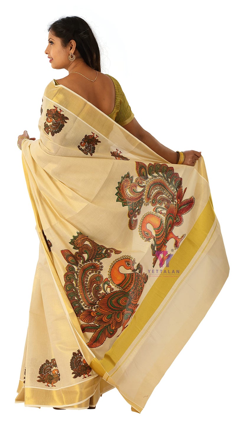 YETTALAN® Women’s Mural Printed Kerala Gold Tissue Saree with Running Blouse (Peacock) - Image 2