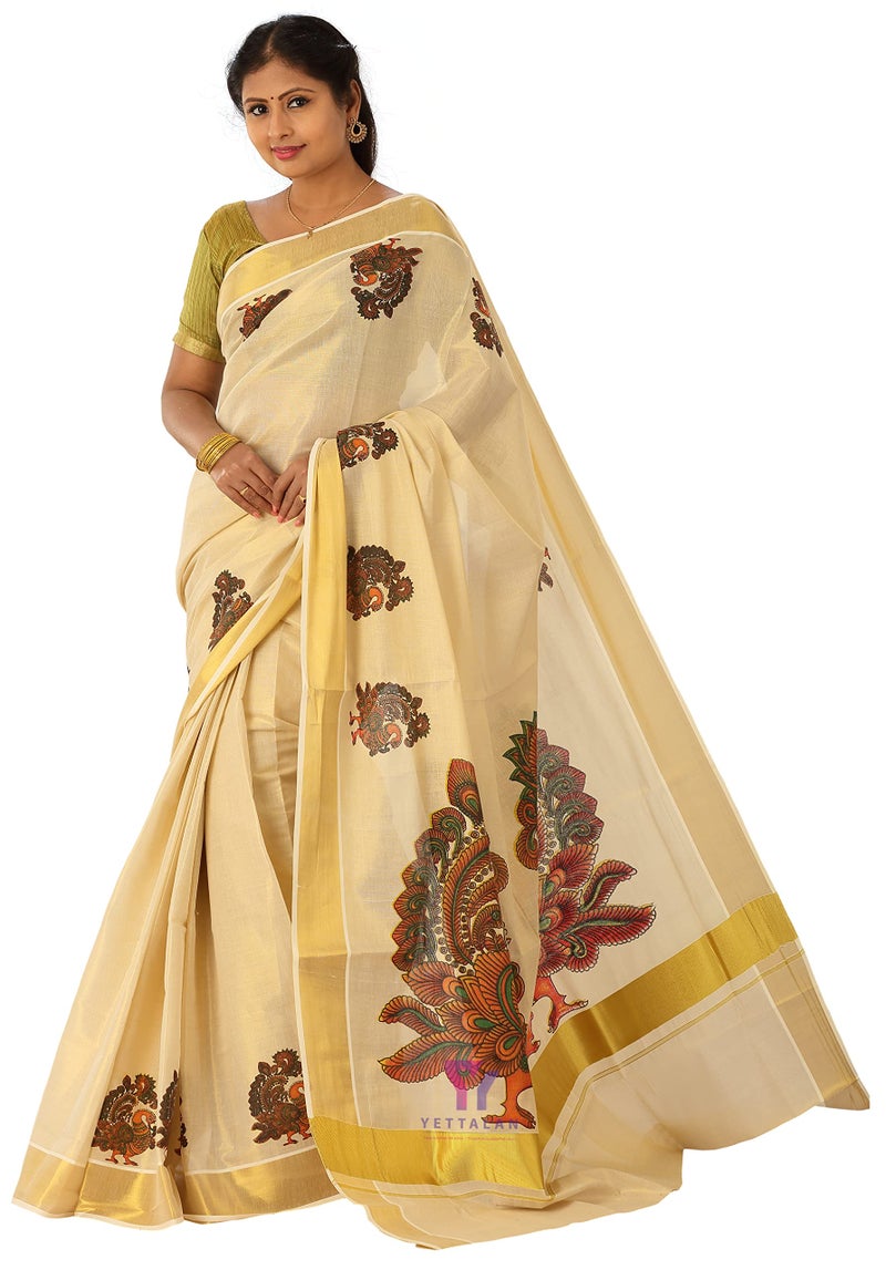 YETTALAN® Women’s Mural Printed Kerala Gold Tissue Saree with Running Blouse (Peacock) - Image 5