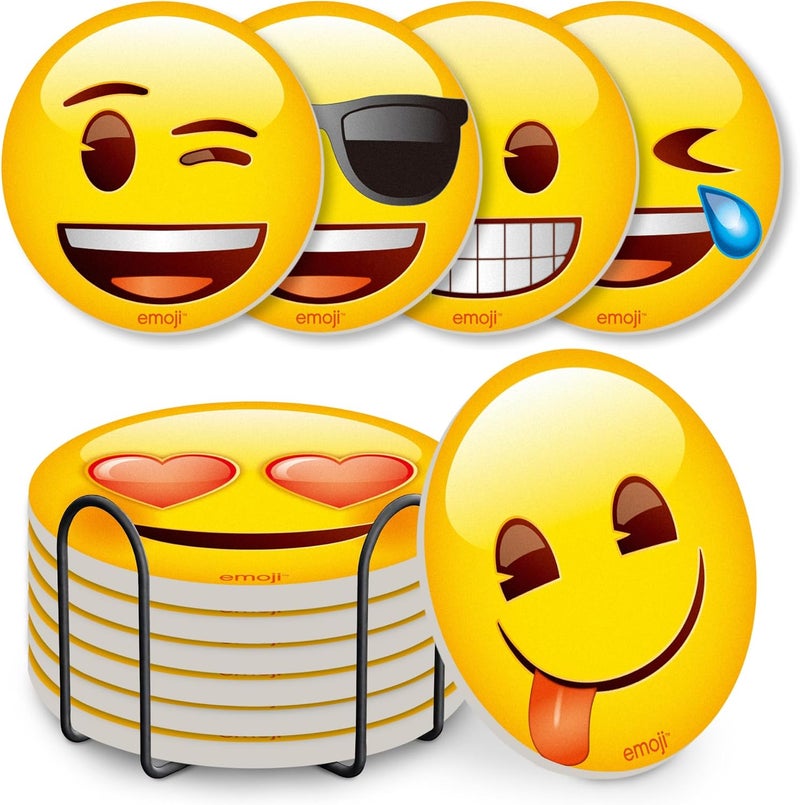 MORCART Emoji Absorbent Ceramic Drink Coasters with Holder, Set of 6, 4 Inch Round Coasters with Cork Backing, Non-Slip, Fun Yellow Face Design for Coffee Table, Home Decor & Housewarming Gifts - Image 1