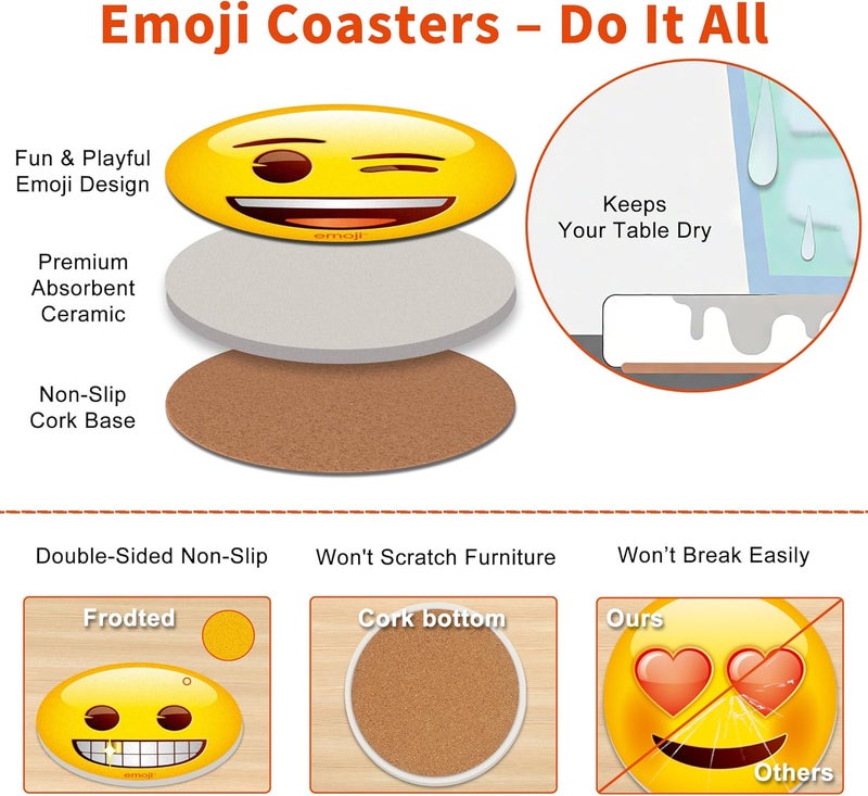 MORCART Emoji Absorbent Ceramic Drink Coasters with Holder, Set of 6, 4 Inch Round Coasters with Cork Backing, Non-Slip, Fun Yellow Face Design for Coffee Table, Home Decor & Housewarming Gifts - Image 4