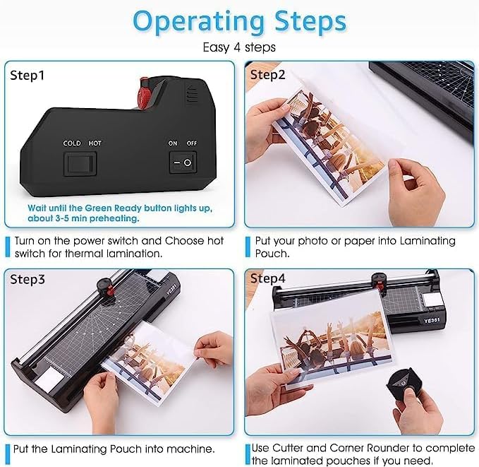 Eficentline Laminator Machine for A3/A4/A6, YE381 13inch Thermal & Cold Laminating Machine for Home Office School Teacher Use with 150 Pouches, Paper Trimmer and Corner Rounder - Image 4