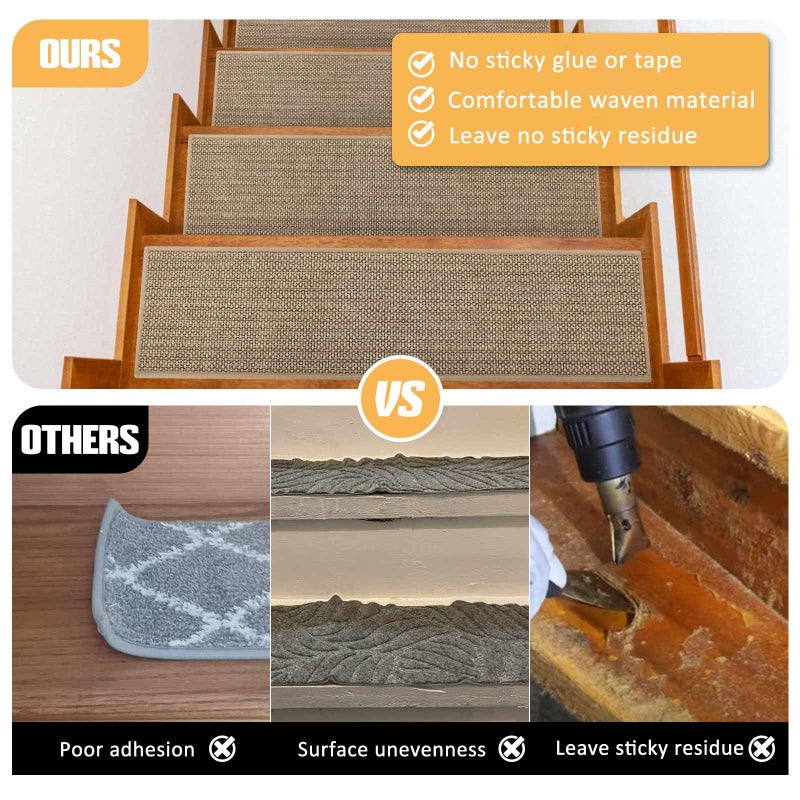 Seloom 9" x36" Stair Treads Non Slip Carpet for Wooden Steps Indoor, Peel and Stick Extra Wide Stair Tread Step Pads with Reusable Adhesive for Dogs Kids Elders, Machine Washable, 15 Pack, Beige - Image 3