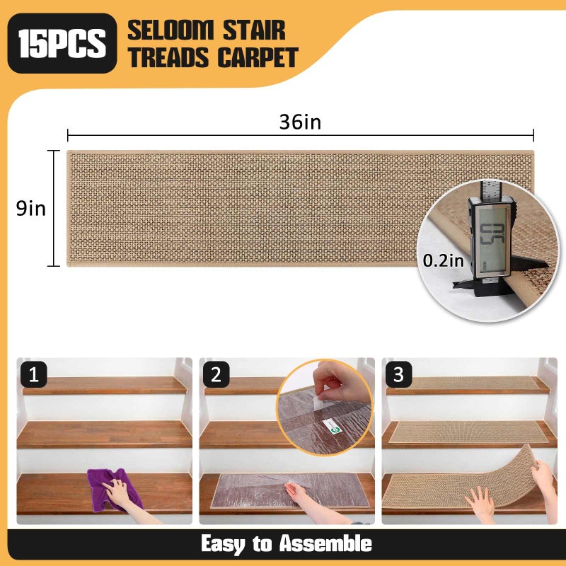 Seloom 9" x36" Stair Treads Non Slip Carpet for Wooden Steps Indoor, Peel and Stick Extra Wide Stair Tread Step Pads with Reusable Adhesive for Dogs Kids Elders, Machine Washable, 15 Pack, Beige - Image 2