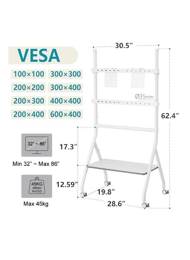 BEETEC Mobile TV Stand for 32–86 Inch Screens, Height Adjustable Rolling TV Cart with Lockable Wheels, VESA 600x400mm, Max Load 45 kg, Cable Management, Sliding Pivot, Shelf Load 10kg , White | TF-RG9W - Image 2