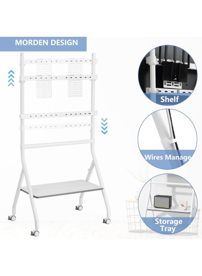 BEETEC Mobile TV Stand for 32–86 Inch Screens, Height Adjustable Rolling TV Cart with Lockable Wheels, VESA 600x400mm, Max Load 45 kg, Cable Management, Sliding Pivot, Shelf Load 10kg , White | TF-RG9W - Image 4