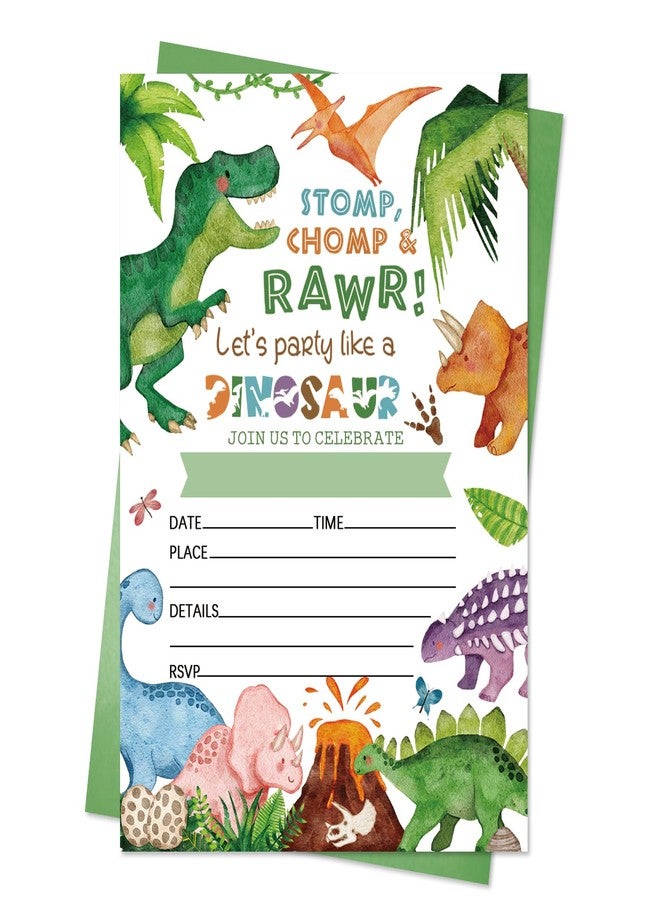 وولاين مجموعة دعوات عيد ميلاد ديناصورات من والين، 25 مجموعة، مع ملصق ظرف، بطاقة دعوة جوراسية خضراء مائية، دعوات فارغة لطيفة لحفلات استقبال المولود، 5 × 7 بوصة - Image 1