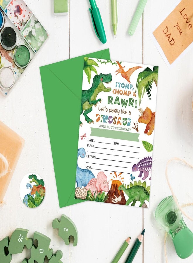وولاين مجموعة دعوات عيد ميلاد ديناصورات من والين، 25 مجموعة، مع ملصق ظرف، بطاقة دعوة جوراسية خضراء مائية، دعوات فارغة لطيفة لحفلات استقبال المولود، 5 × 7 بوصة - Image 5