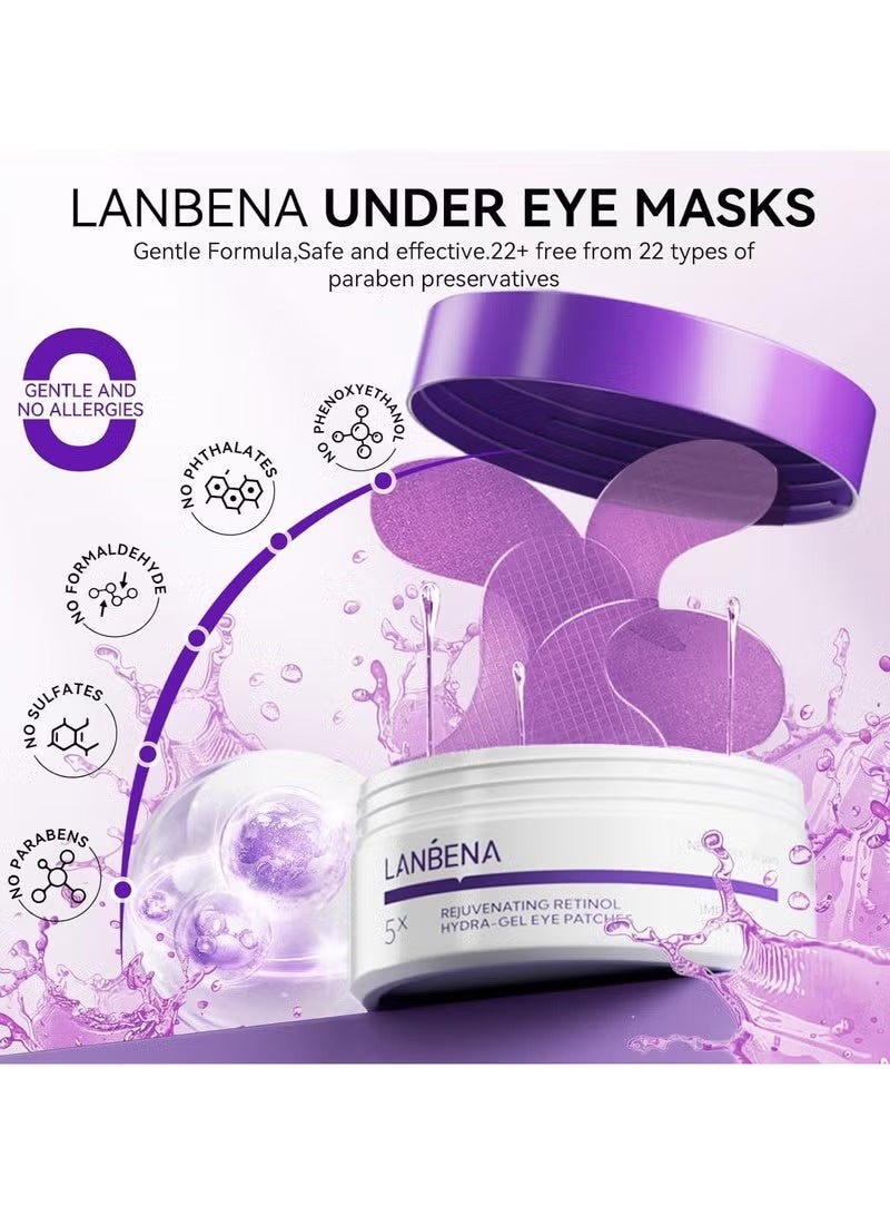 LANBENA Retinol Under Eye Patches for Dark Circles and Puffy Eyes, Cooling Eye Masks for Eye Bags, Fine Lines & Wrinkles Reduce, Anti-Aging, Hydra-Gel Collagen-30 Pairs - Image 2