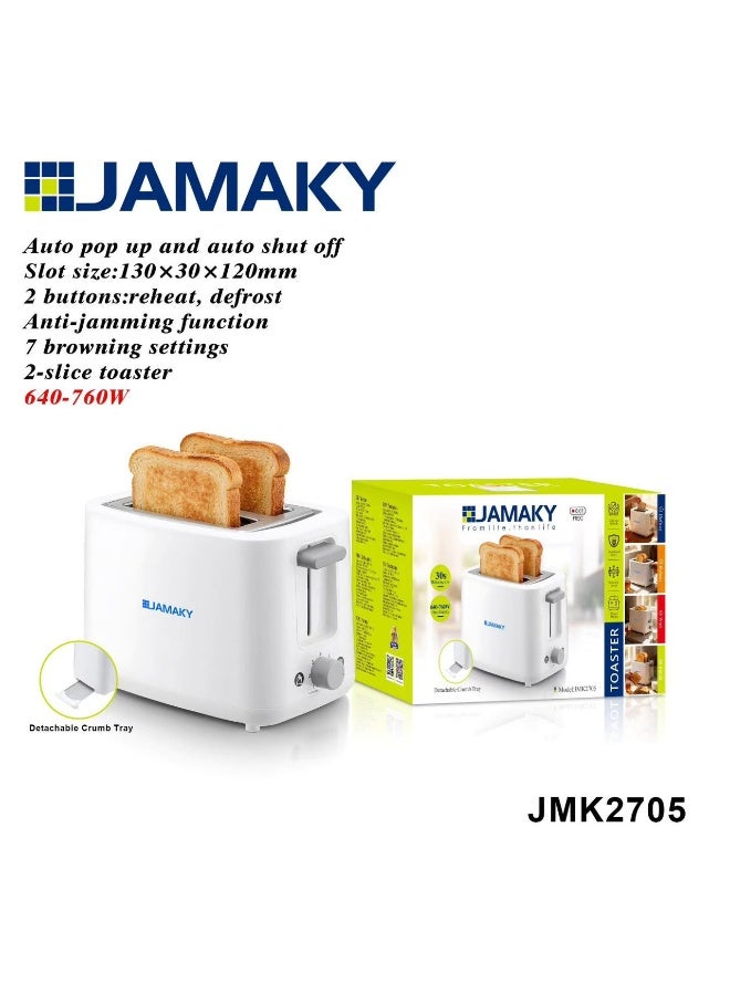جامايكا محمصة خبز توست كهربائية لشريحتين باللون الأبيض من جاماكي (JAMAKY) بقوة 640-760 واط - مع 7 مستويات تحمير، صينية فتات قابلة للإزالة، أزرار إغلاق/إعادة تسخين/إذابة الثلج - موديل JMK2705 - Image 2