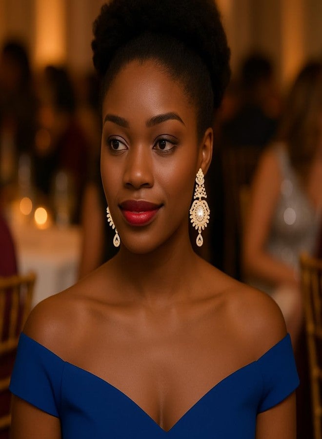 تتش ستون أقراط متدلية طويلة بتصميم بوليوودي هندي مذهل مرصعة بأحجار الراين البيضاء الصغيرة المستديرة والكبيرة البيضاوية، مطلية باللون الذهبي العتيق للنساء. - Image 3