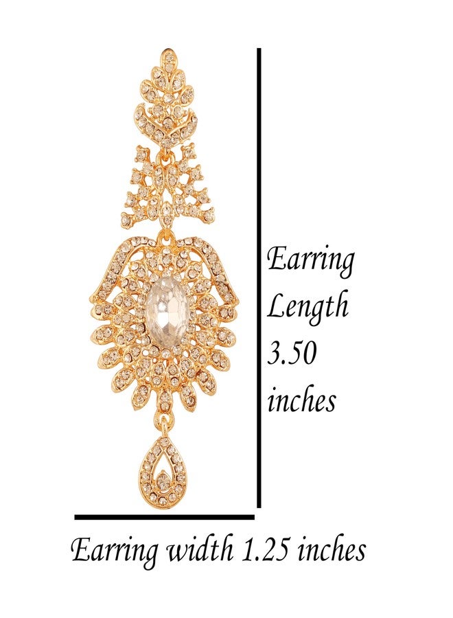 تتش ستون أقراط متدلية طويلة بتصميم بوليوودي هندي مذهل مرصعة بأحجار الراين البيضاء الصغيرة المستديرة والكبيرة البيضاوية، مطلية باللون الذهبي العتيق للنساء. - Image 5