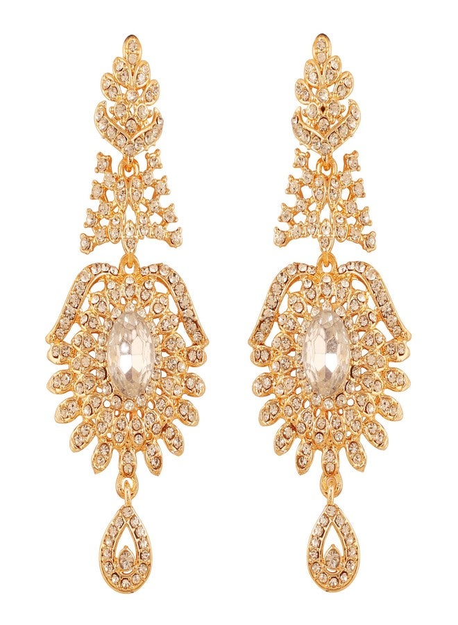 تتش ستون أقراط متدلية طويلة بتصميم بوليوودي هندي مذهل مرصعة بأحجار الراين البيضاء الصغيرة المستديرة والكبيرة البيضاوية، مطلية باللون الذهبي العتيق للنساء. - Image 1
