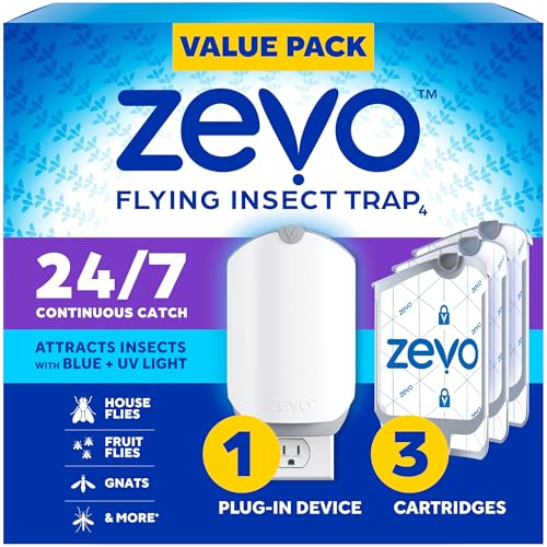 Zevo Flying Insect Trap & 3 Refill Cartridges - Plug in Fly Trap & Indoor Bug Catcher for Gnats, House & Fruit Flies - Blue & UV Light Technology, Mess-Free Alternative to Bug Zapper - Image 1