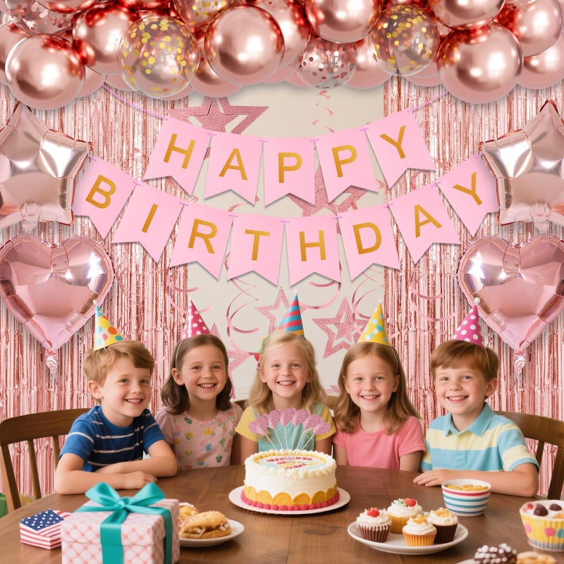 HYKJNBW Rose Gold Birthday Party Decorations, Happy Birthday Banner, Rose Gold Fringe Curtain, Heart Star Foil Confetti Balloons, Hanging Swirls for Women Girls Birthdays Princess Party - Image 5
