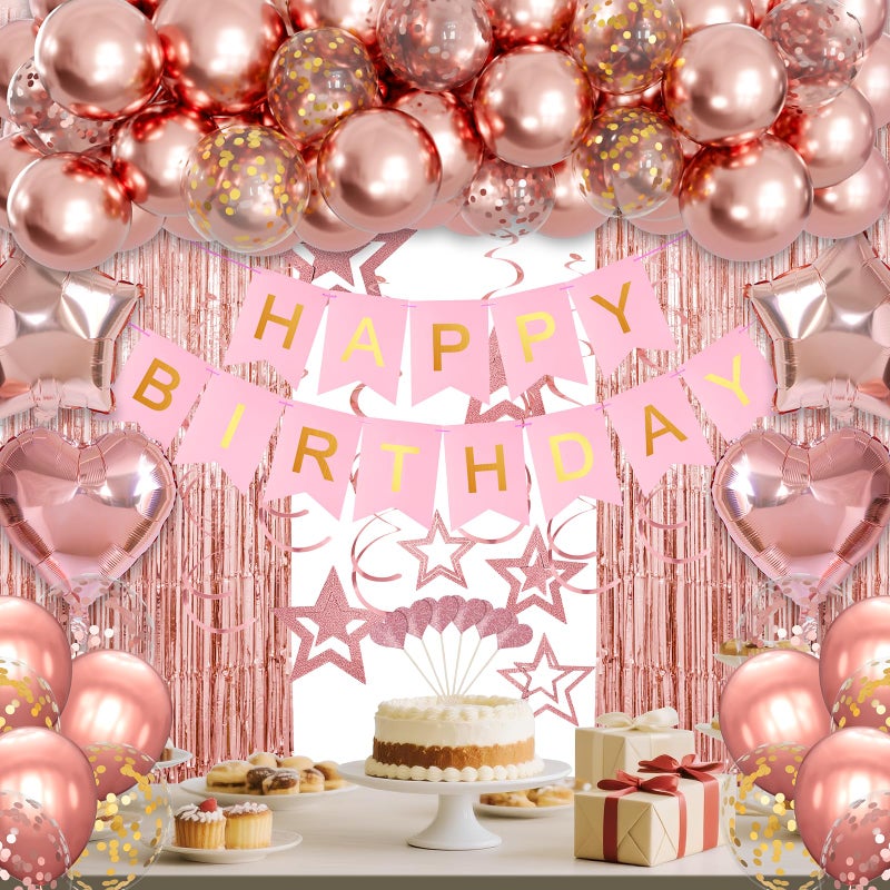 HYKJNBW Rose Gold Birthday Party Decorations, Happy Birthday Banner, Rose Gold Fringe Curtain, Heart Star Foil Confetti Balloons, Hanging Swirls for Women Girls Birthdays Princess Party - Image 1