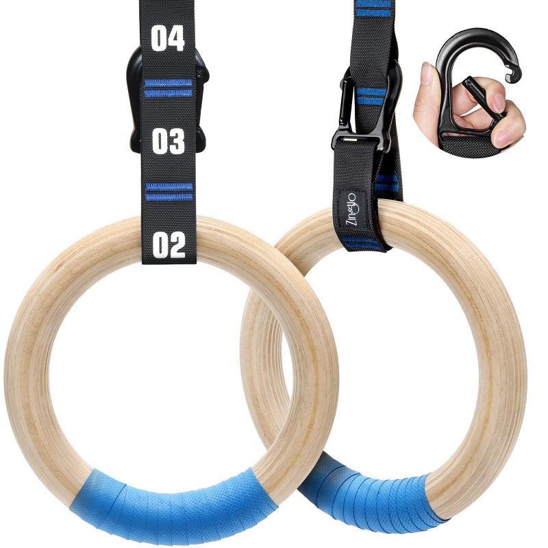 Zingtto Zingtto Wooden Gymnastic Rings with Adjustable Numbered Straps. 1.25'' Olympic Rings for Core Workout, Crossfit, Bodyweight Training. Home Gym Rings with 8.5ft Exercise Straps and Workout Handles - Image 1