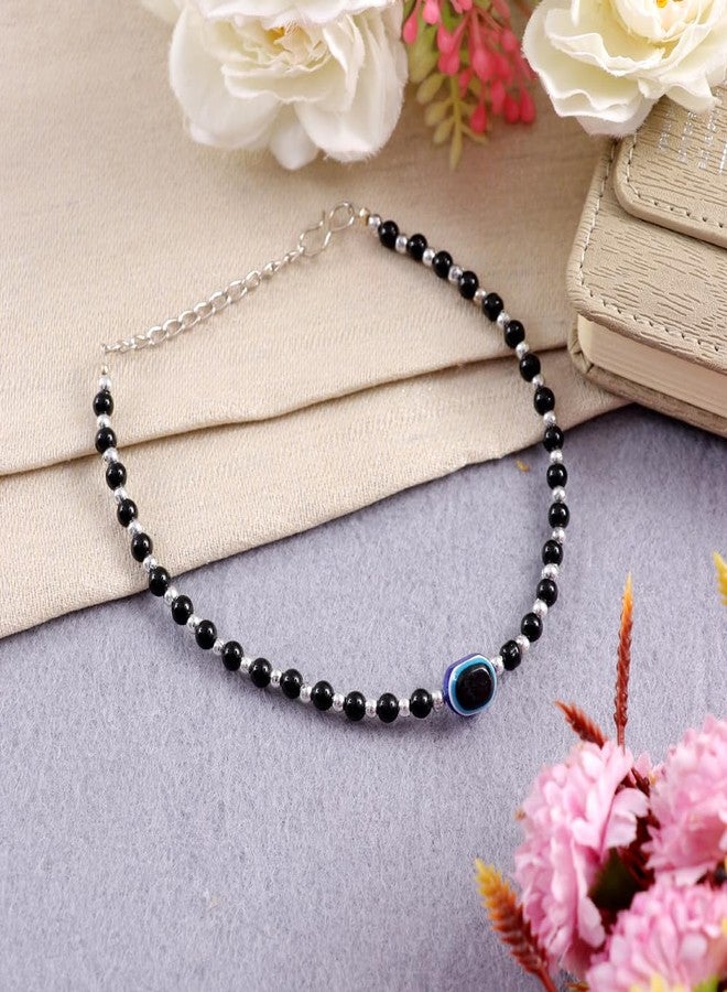 Vientiq Silver-Plated Black Beaded Evil-Eye Handmade Anklet for Women & Girls - Image 2