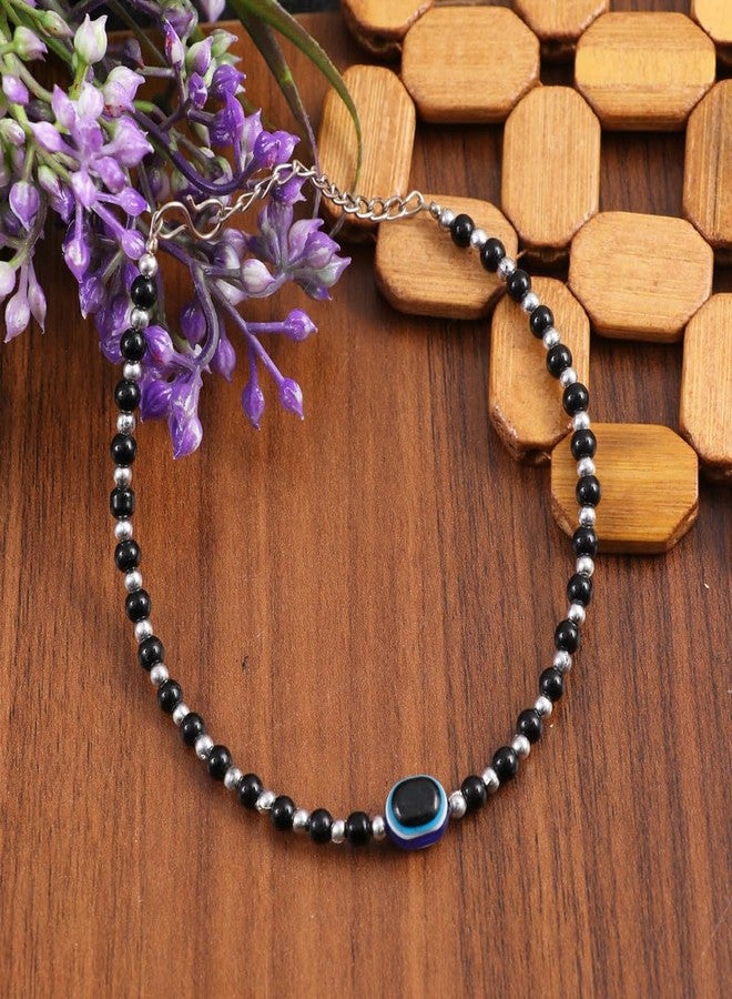Vientiq Silver-Plated Black Beaded Evil-Eye Handmade Anklet for Women & Girls - Image 3