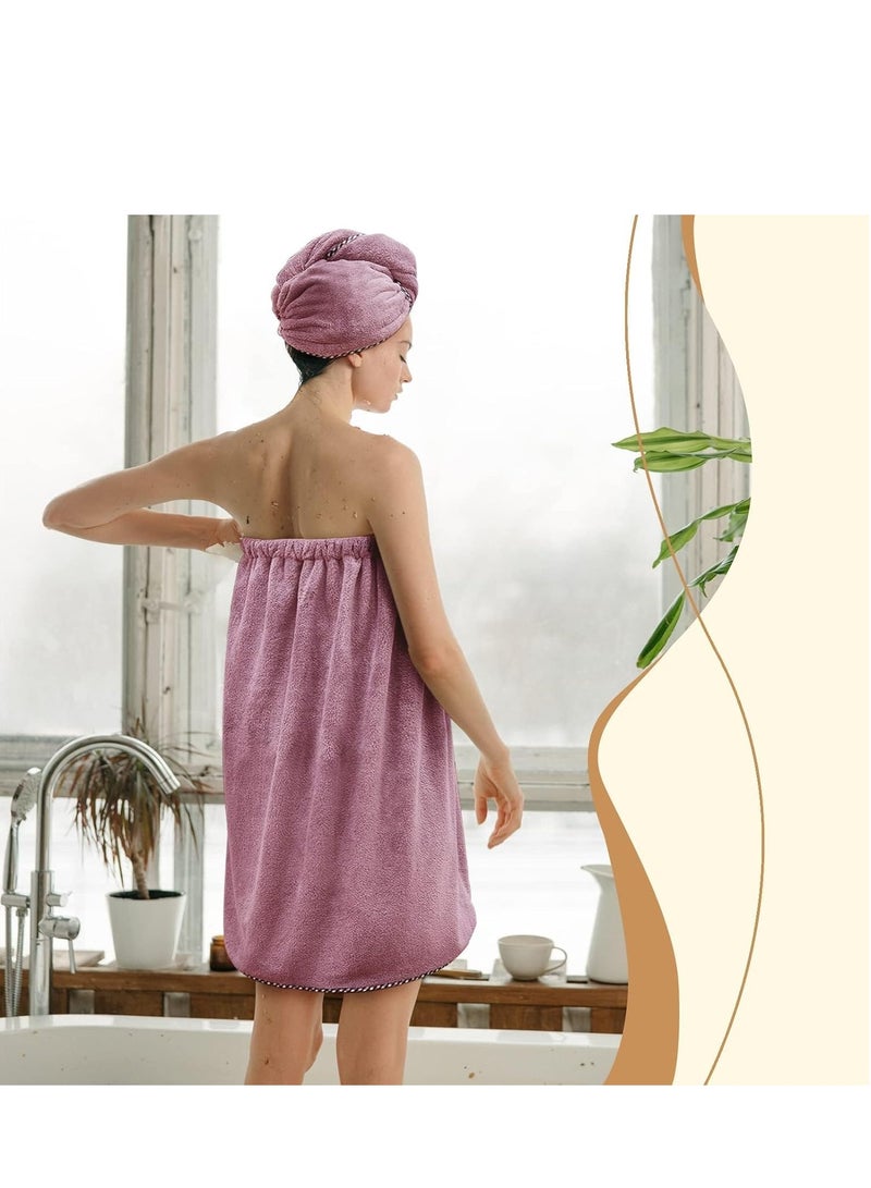 Microfiber Bath Towel Wrap Soft Lightweight Bath Body Wrap with Hair Drying Towel and Velcro Adjustable Soft Spa Bathroom Shower Wrap with Super Absorbent for Drying Hair and Body Purple