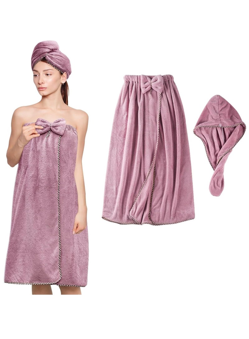 Microfiber Bath Towel Wrap Soft Lightweight Bath Body Wrap with Hair Drying Towel and Velcro Adjustable Soft Spa Bathroom Shower Wrap with Super Absorbent for Drying Hair and Body Purple