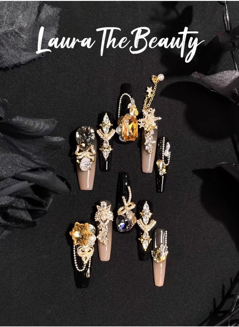 LauraTheBeauty 【BlackGold Carnival】10 Pcs Rhinestone Nail Art False Nails Short Square Fake Nails Press on Nails with Wearing Tools  - Image 1