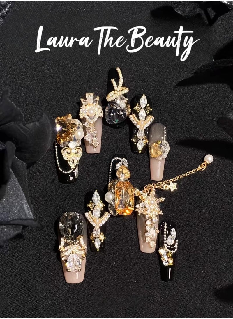 LauraTheBeauty 【BlackGold Carnival】10 Pcs Rhinestone Nail Art False Nails Short Square Fake Nails Press on Nails with Wearing Tools  - Image 2
