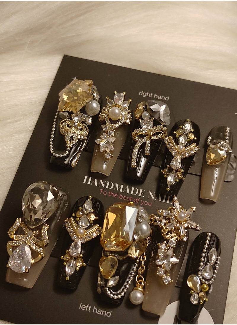 LauraTheBeauty 【BlackGold Carnival】10 Pcs Rhinestone Nail Art False Nails Short Square Fake Nails Press on Nails with Wearing Tools  - Image 3