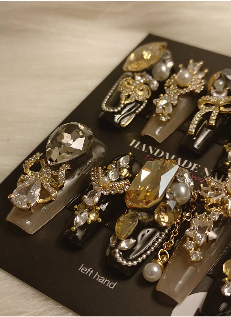 LauraTheBeauty 【BlackGold Carnival】10 Pcs Rhinestone Nail Art False Nails Short Square Fake Nails Press on Nails with Wearing Tools  - Image 5