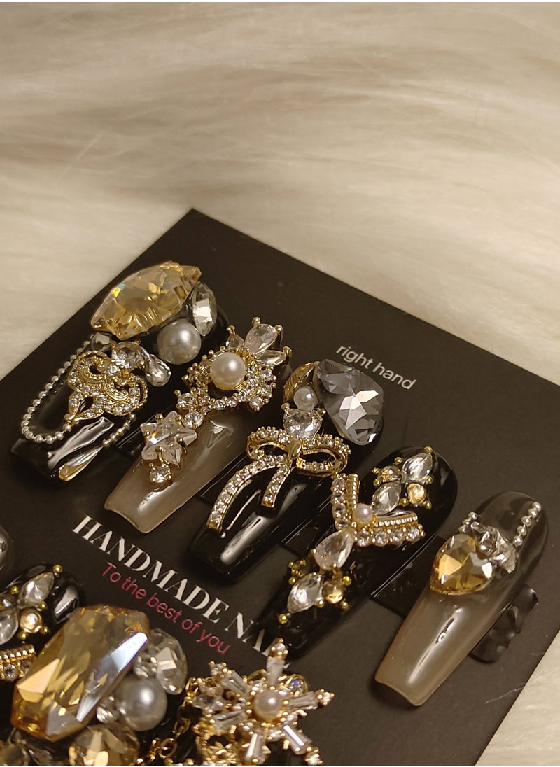 LauraTheBeauty 【BlackGold Carnival】10 Pcs Rhinestone Nail Art False Nails Short Square Fake Nails Press on Nails with Wearing Tools  - Image 4