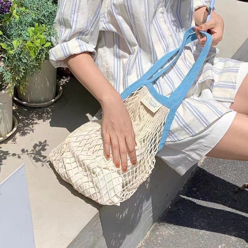 Cotton Mesh Bag for Grocery Beach Toys New style with gray and off-white mesh 