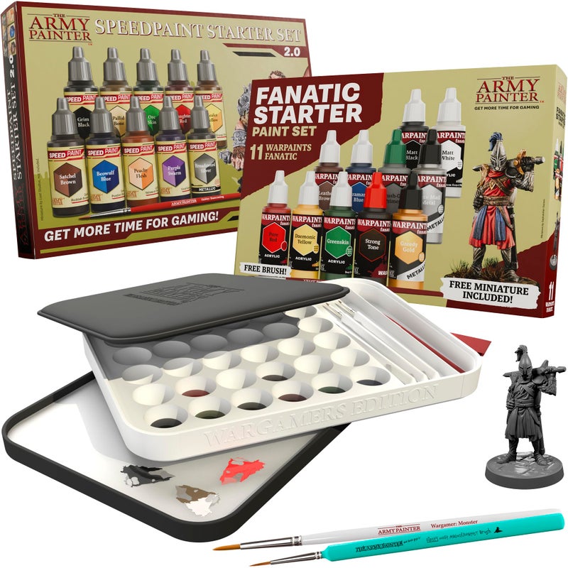 The Army Painter, Starter Bundle Plus+, Beginner paint kit includes: Speedpaint 2.0 & Warpaints Fanatic Starter Set, Wargamers XL Wet Palette & 2 Brushes for DnD & Warhammer - Image 1