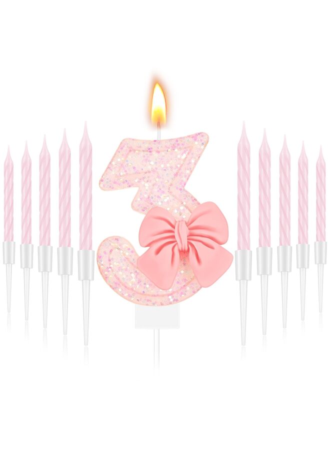 LAMAY 3nd Number Birthday Candle Girls Pink Bow Glitter Happy Birthday Number Cake Topper with 10 Long Thin Spiral Cupcake Candle Bowknot Cake Decorations for Wedding Anniversary Princess Theme Party - Image 1