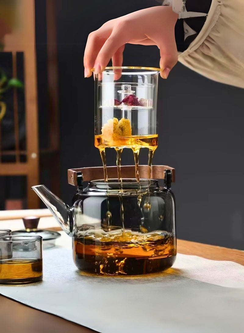 1Chase 1000 ML Borosilicate Glass Teapot with Acica Wooden Handle & Strainer.  Heat-Resistant with Acica Wooden Handle & Strainer , Compatible with Electric Stoves, Smoky Grey - Image 4