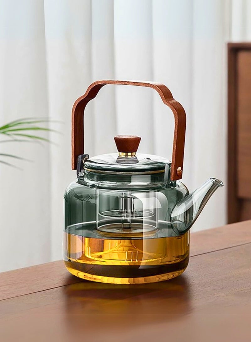 1Chase 1000 ML Borosilicate Glass Teapot with Acica Wooden Handle & Strainer.  Heat-Resistant with Acica Wooden Handle & Strainer , Compatible with Electric Stoves, Smoky Grey - Image 1