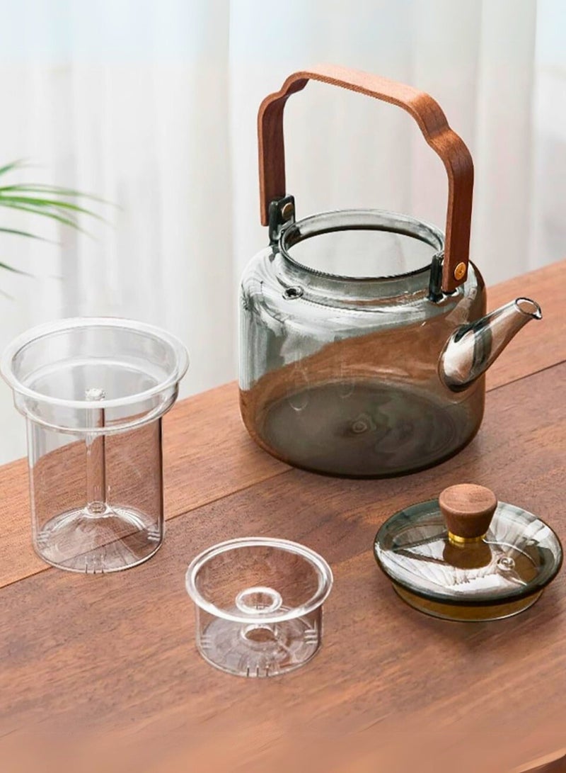 1Chase 1000 ML Borosilicate Glass Teapot with Acica Wooden Handle & Strainer.  Heat-Resistant with Acica Wooden Handle & Strainer , Compatible with Electric Stoves, Smoky Grey - Image 3