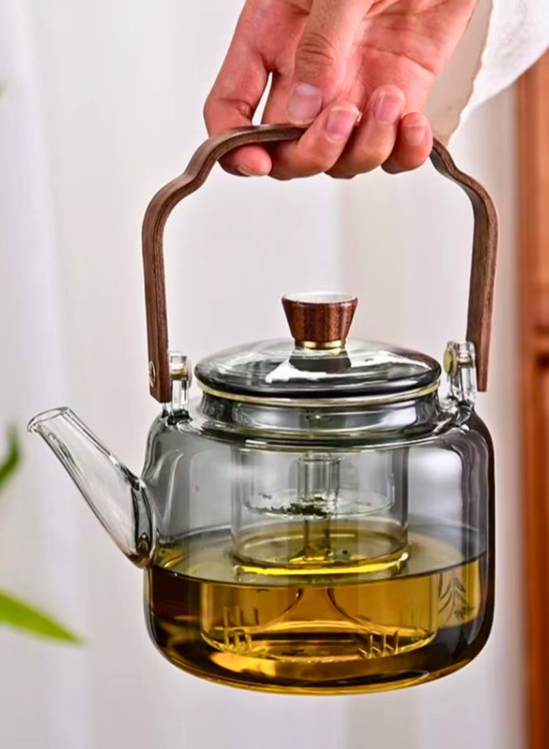 1Chase 1000 ML Borosilicate Glass Teapot with Acica Wooden Handle & Strainer.  Heat-Resistant with Acica Wooden Handle & Strainer , Compatible with Electric Stoves, Smoky Grey - Image 5