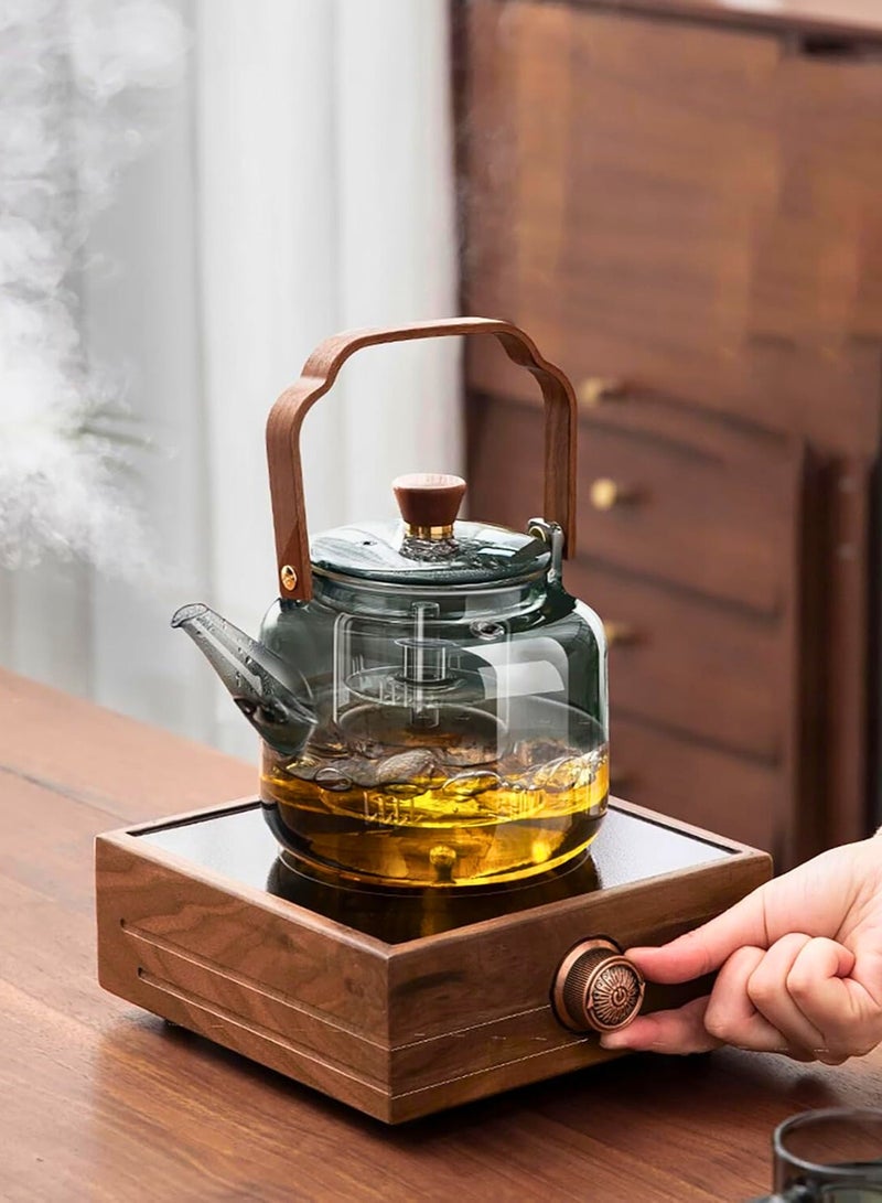 1Chase 1000 ML Borosilicate Glass Teapot with Acica Wooden Handle & Strainer.  Heat-Resistant with Acica Wooden Handle & Strainer , Compatible with Electric Stoves, Smoky Grey - Image 2