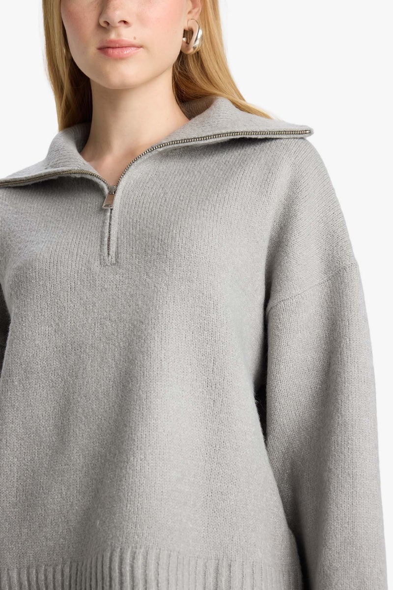 DeFacto Grey Woman Oversize Fit Half Zip Collar Knit Pullover Casual - Image 5