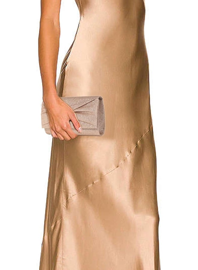 SHABILI Women Polyester Evening Bag Tote Clutch Shoulder Crossbody Sling Handbag, Ladies Banquet Cross Bags with Frosted Sparkle Fold Pleats & Detachable Chain for Teen Youth Daily Casual Party Events (Beige) - Image 2