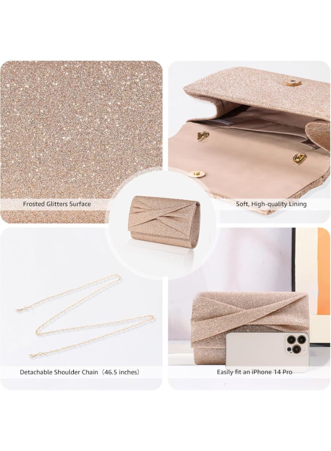 SHABILI Women Polyester Evening Bag Tote Clutch Shoulder Crossbody Sling Handbag, Ladies Banquet Cross Bags with Frosted Sparkle Fold Pleats & Detachable Chain for Teen Youth Daily Casual Party Events (Beige) - Image 4