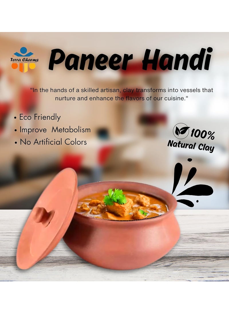Terra Charms Terra Charms Terracotta Clay Pot Cooking Serving Hand Craft Making for Paneer Handi for Kitchen Light Weight Curd Bowl with Lid for Cooking Pack of 1 700ML Capacity Brown Color  - Image 2
