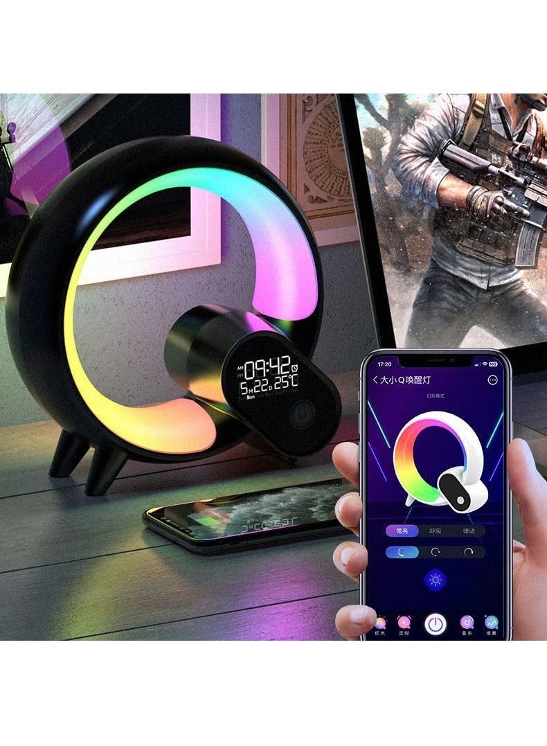 جينيكست مصباح Q مع شاحن لاسلكي ، مصباح شاحن لاسلكي ، إضاءة محيطة متغيرة اللون RGB ، ضوء ليلي قابل للتعتيم مع مصباح طاولة مزامنة الموسيقى ، مكبر صوت Bluetoothh ضوء مزاجي ذكي للغرفة - Image 2